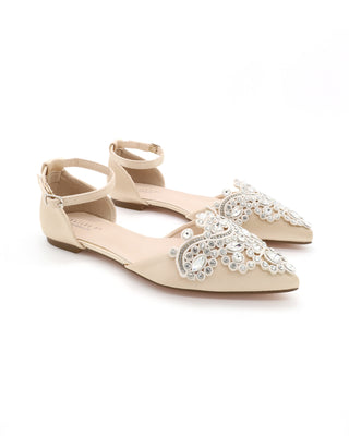 Satin Pointy Toe Flats with Oversized Rhinestones Applique Embellishments