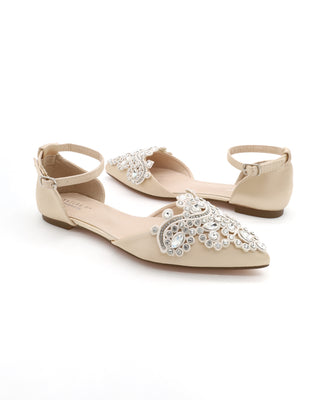 Satin Pointy Toe Flats with Oversized Rhinestones Applique Embellishments