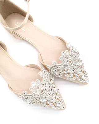 Satin Pointy Toe Flats with Oversized Rhinestones Applique Embellishments