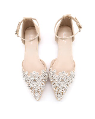 Satin Pointy Toe Flats with Oversized Rhinestones Applique Embellishments