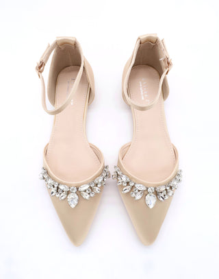 Satin Pointy Toe Flats with Teardrop Rhinestones Embellishments
