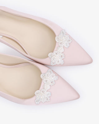 Dusty Pink satin pointy toe kitten heel slingback pumps with Button Brooch embellishment