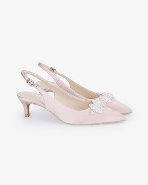 Satin Pointy Toe Kitten Heel Slingback Evening Pumps with Button Brooch