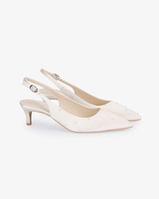 Ivory satin pointy toe kitten heel slingback pumps with Scattered Pearls embellishment