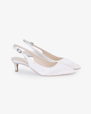 White satin pointy toe kitten heel slingback pumps with Scattered Pearls embellishment