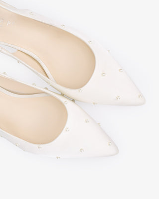 Ivory satin pointy toe kitten heel slingback pumps with Scattered Pearls embellishment