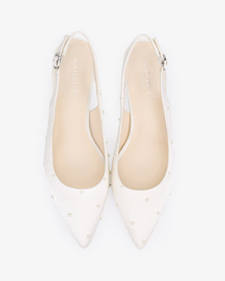 Ivory satin pointy toe kitten heel slingback pumps with Scattered Pearls embellishment