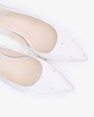 White satin pointy toe kitten heel slingback pumps with Scattered Pearls embellishment