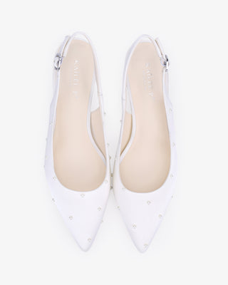 Top view of white satin pointy toe slingback wedding pumps with scattered pearl detail