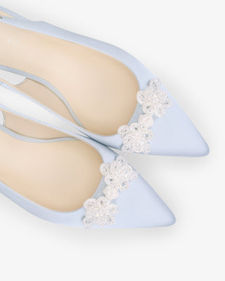 Light Blue satin pointy toe kitten heel slingback pumps with Button Brooch embellishment