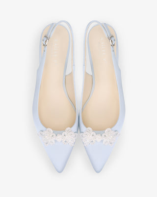 Light Blue satin pointy toe kitten heel slingback pumps with Button Brooch embellishment