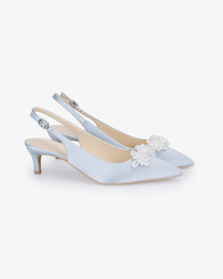 Light Blue satin pointy toe kitten heel slingback pumps with Button Brooch embellishment