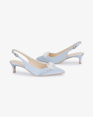 Light Blue satin pointy toe kitten heel slingback pumps with Button Brooch embellishment