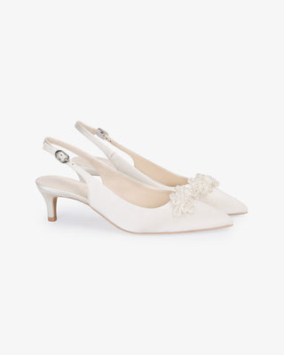 Ivory satin pointy toe kitten heel slingback pumps with Button Brooch embellishment