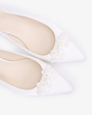 White satin pointy toe kitten heel slingback pumps with Button Brooch embellishment