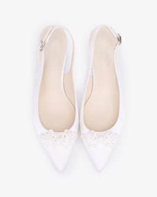 White satin pointy toe kitten heel slingback pumps with Button Brooch embellishment