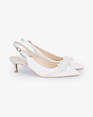 White satin pointy toe kitten heel slingback pumps with Button Brooch embellishment