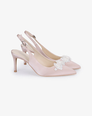 Satin Pointy Toe Slingback Wedding Pumps with Button BroochWomen Shoes