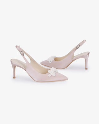 Satin Pointy Toe Slingback Wedding Pumps with Button BroochWomen Shoes