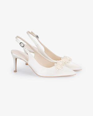 Satin Pointy Toe Slingback Wedding Pumps with Button Brooch