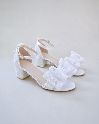 White Crochet Lace Block Heel Wedding Sandals with Oversized Crochet Lace Bow