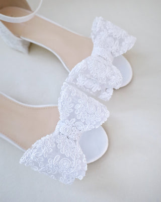 Crochet Lace Block Heel Wedding Sandals with Oversized Crochet Lace Bow