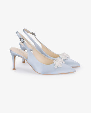 Satin Pointy Toe Slingback Wedding Pumps with Button Brooch