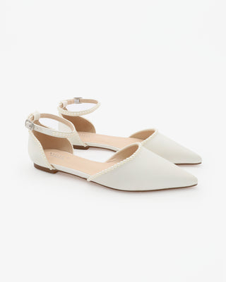 Ivory Satin Pointy Toe Flats with Mini Pearls and Ankle Strap