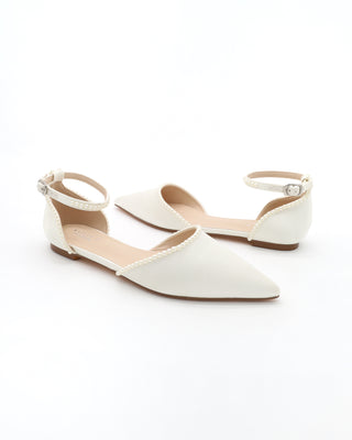 Satin Pointy Toe Flats with Mini Pearls and Ankle Strap