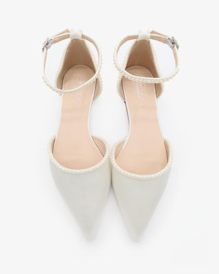 Ivory Satin Pointy Toe Flats with Mini Pearls and Ankle Strap