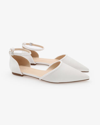 White Satin Pointy Toe Wedding Flats with Mini Pearls and Ankle Strap