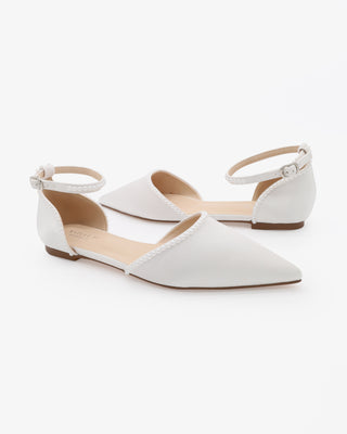 White Satin Pointy Toe Wedding Flats with Mini Pearls and Ankle Strap