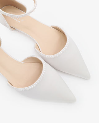 White Satin Pointy Toe Wedding Flats with Mini Pearls and Ankle Strap