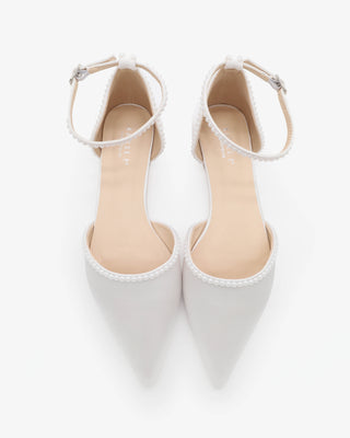 White Satin Pointy Toe Wedding Flats with Mini Pearls and Ankle Strap