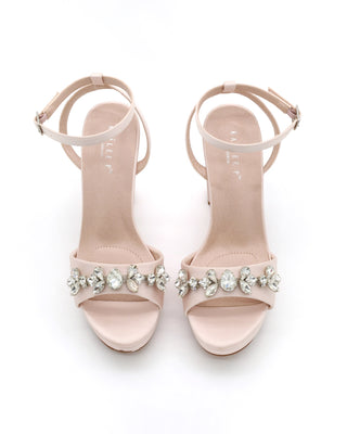 Satin Platform Block Heel Wedding Sandals with Navette Rhinestones
