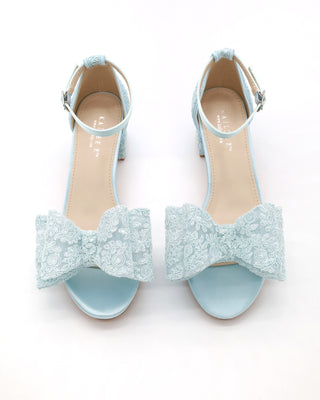 Crochet Lace Block Heel Wedding Sandals with Oversized Crochet Lace Bow