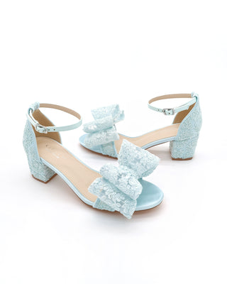 Crochet Lace Block Heel Wedding Sandals with Oversized Crochet Lace Bow