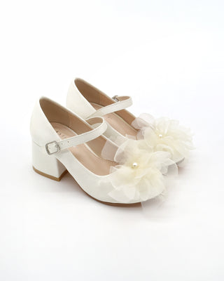 Girls Satin Mary Jane Block Heel with Ophelia Flowers