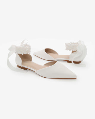 White Satin Pointy Toe Wedding Flats with Perla Ankle Strap