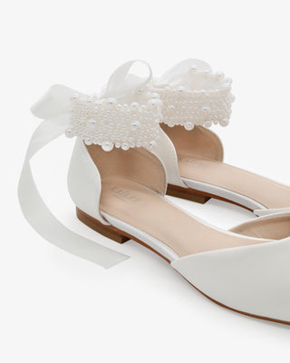 White Satin Pointy Toe Wedding Flats with Perla Ankle Strap