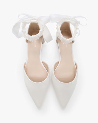 White Satin Pointy Toe Wedding Flats with Perla Ankle Strap