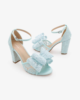 Light Blue Crochet Lace Block Heel Sandals with Oversized Crochet Lace Bow