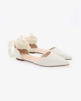 Ivory Satin Pointy Toe Wedding Flats with Perla Ankle Strap