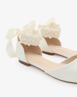 Ivory Satin Pointy Toe Wedding Flats with Perla Ankle Strap