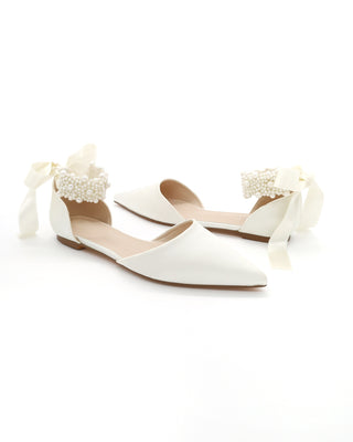 Satin Pointy Toe Wedding Flats with Perla Ankle Strap