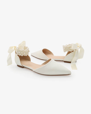 Ivory Satin Pointy Toe Wedding Flats with Perla Ankle Strap