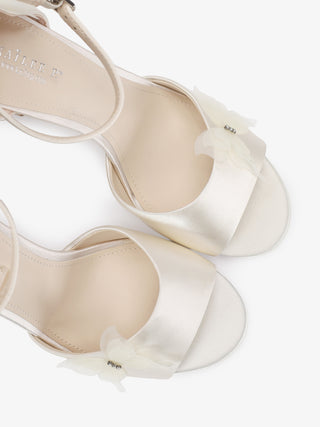 Ivory Satin Block Heel Wedding Sandals with Butterfly Kiss