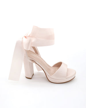 Satin Platform Block Heel Sandals with Wrapped Ribbon Tie