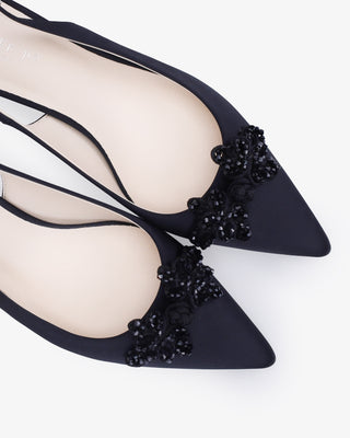 Black satin pointy toe kitten heel slingback pumps with Button Brooch embellishment