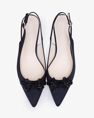 Black satin pointy toe kitten heel slingback pumps with Button Brooch embellishment